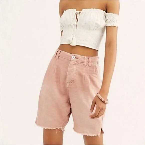 Free People Utility Harem Linen Bermuda Jean Shorts Bohemian Braided Rose Pink 2 - Picture 2 of 15